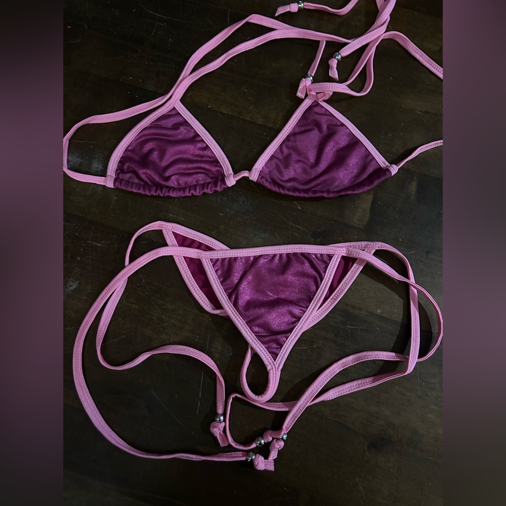 New with Defects Pink & Purple Triangle Top Tie Side Scrunchy Butt Bikini Set
